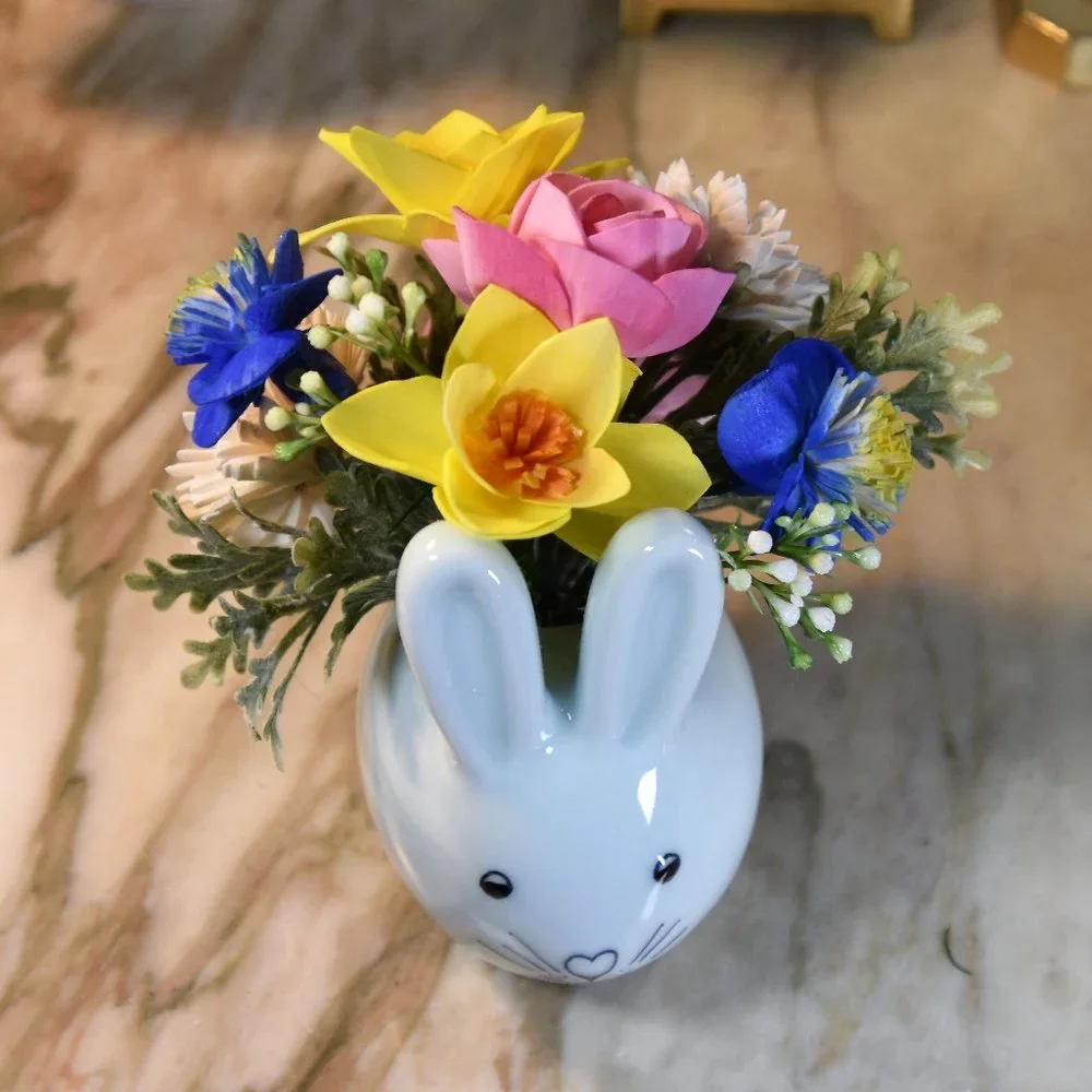 Cute light blue porcelain bunny w/ hand painted and airbrushed Sola Wood flowers
